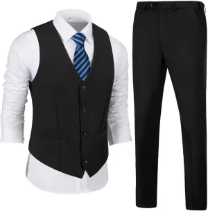 Men 2 Pieces Dress Suit Vest Pant Set Slim Fit Casual Suit Waistcoat