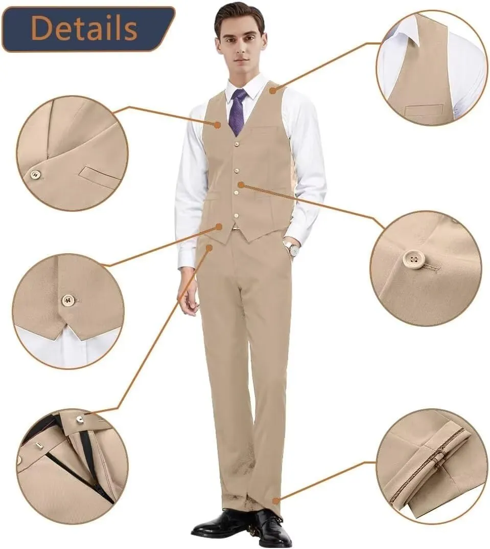 Men 2 Pieces Dress Suit Vest Pant Set Slim Fit Casual Suit Waistcoat