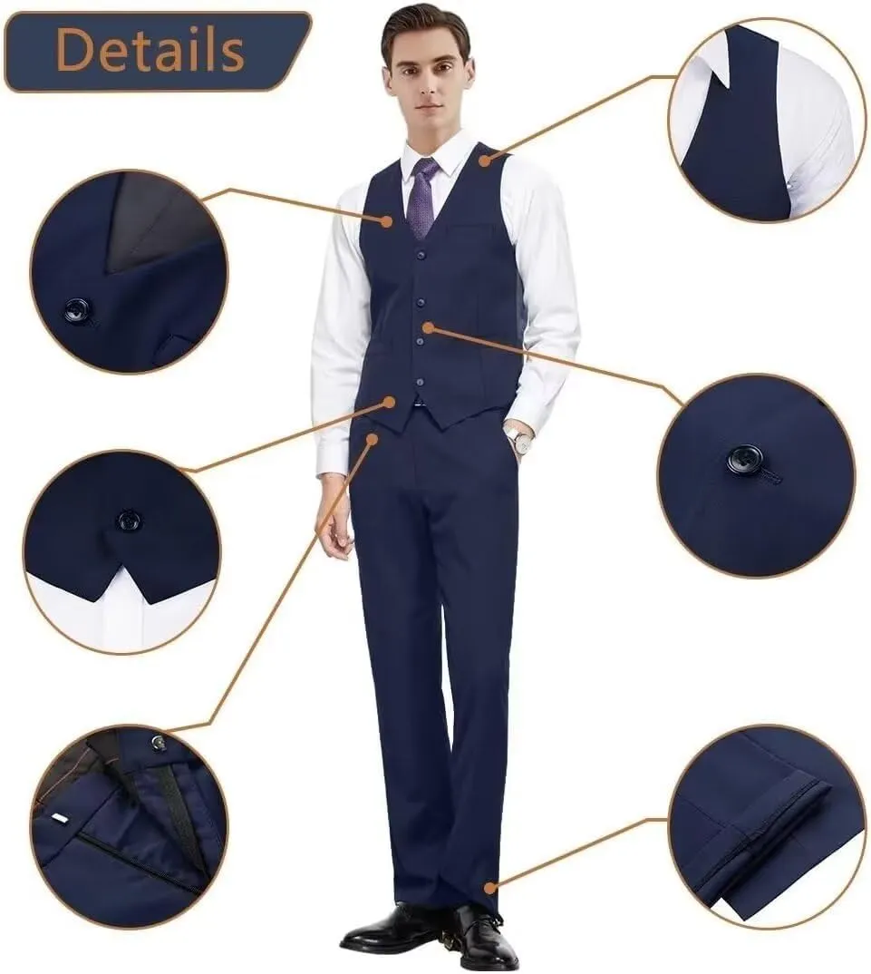 Men 2 Pieces Dress Suit Vest Pant Set Slim Fit Casual Suit Waistcoat