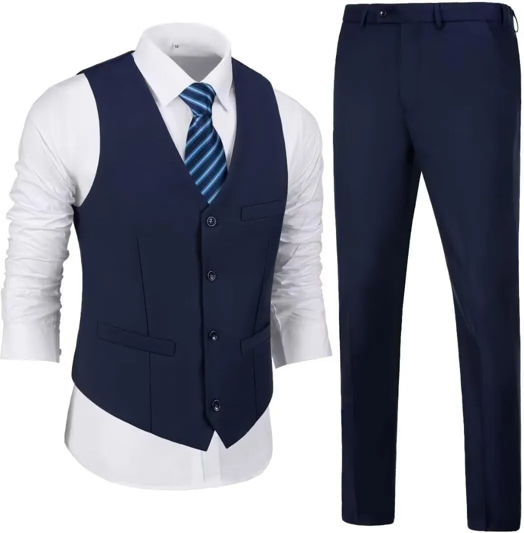 Men 2 Pieces Dress Suit Vest Pant Set Slim Fit Casual Suit Waistcoat