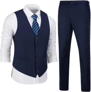 Men 2 Pieces Dress Suit Vest Pant Set Slim Fit Casual Suit Waistcoat