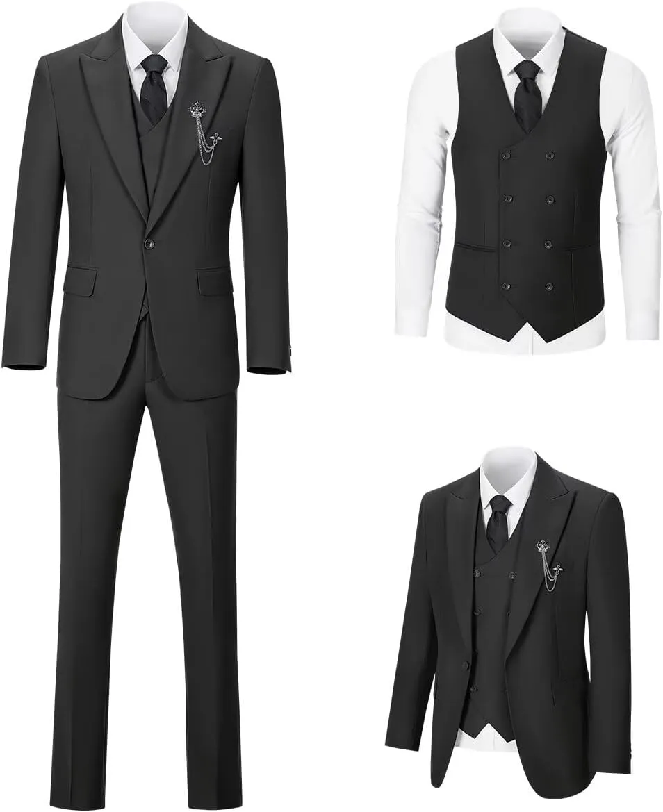 Men's 3 Piece Suit Slim Fit Classic One Button Suit for Men Groomsmen Business Prom Double Breasted Vest Blazer Tuxedo