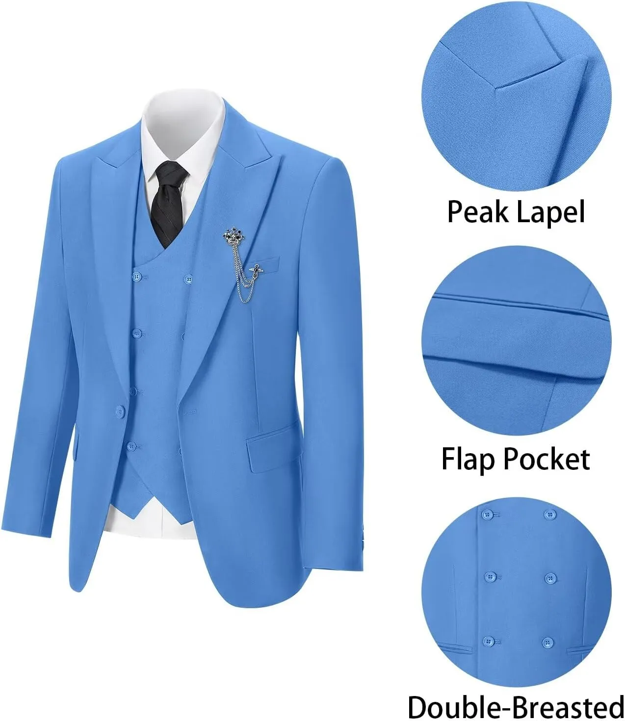 Men's 3 Piece Suit Slim Fit Classic One Button Suit for Men Groomsmen Business Prom Double Breasted Vest Blazer Tuxedo