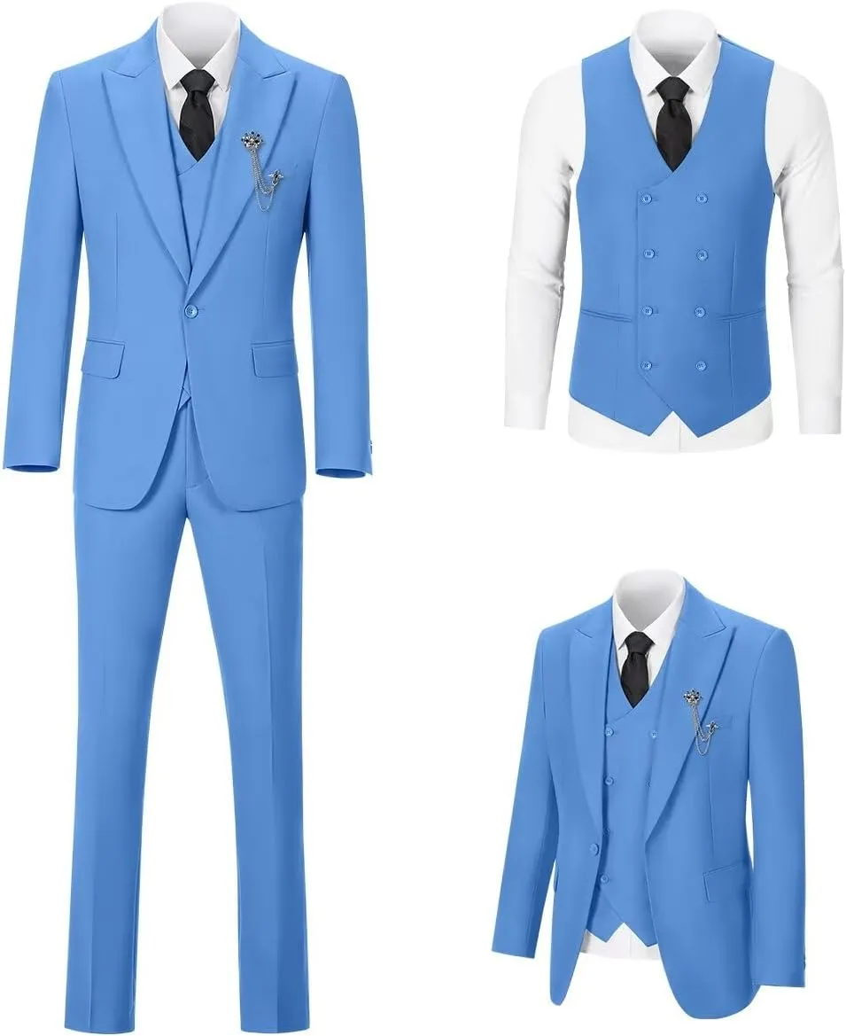 Men's 3 Piece Suit Slim Fit Classic One Button Suit for Men Groomsmen Business Prom Double Breasted Vest Blazer Tuxedo