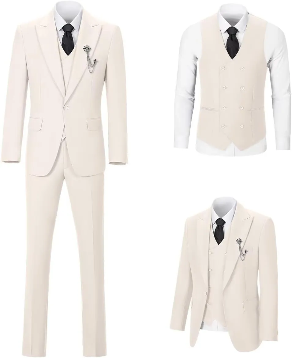 Men's 3 Piece Suit Slim Fit Classic One Button Suit for Men Groomsmen Business Prom Double Breasted Vest Blazer Tuxedo