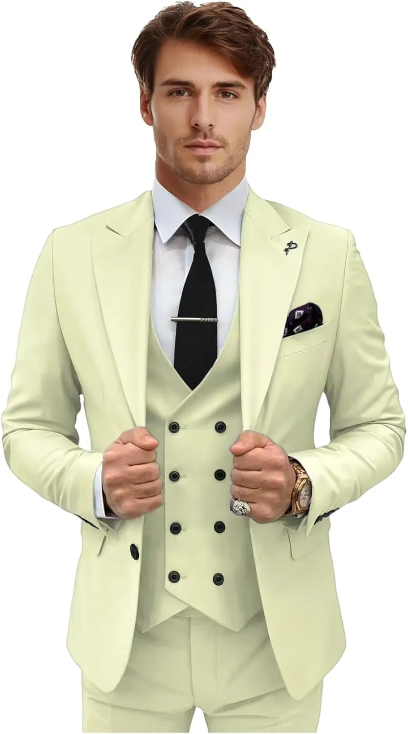Men's 3 Piece Suit Slim Fit Double Breasted Tuxedo for Men Formal Wedding Prom Suits Blazer Vest Pants