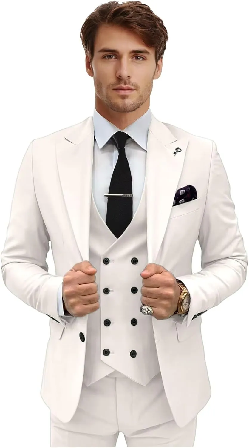 Men's 3 Piece Suit Slim Fit Double Breasted Tuxedo for Men Formal Wedding Prom Suits Blazer Vest Pants
