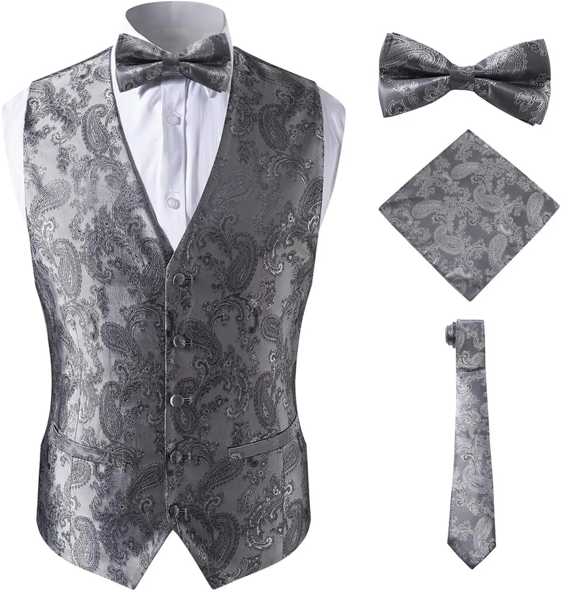 Men's 4pc Paisley Suit Vest Waistcoat Set Bow Tie and Hanky for Tuxedo,Silver,4XL