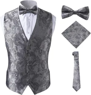 Men's 4pc Paisley Suit Vest Waistcoat Set Bow Tie and Hanky for Tuxedo,Silver,4XL