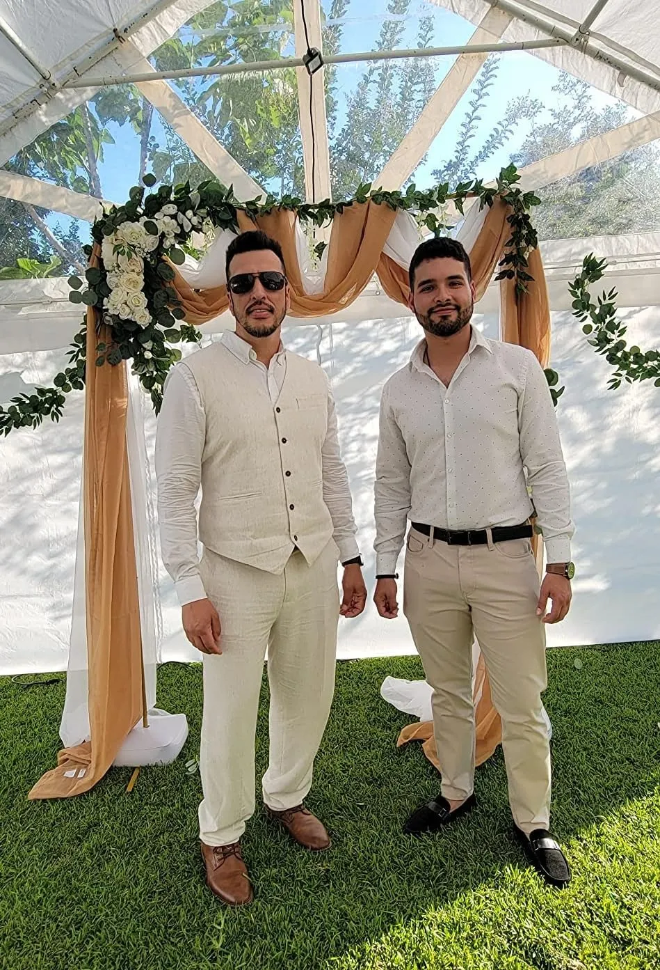 Men's Casual Linen Suit Set 2 Piece Slim Fit Wedding Suits Prom Groomsmen Suit Tuxedos Beach Suits Vest Pants