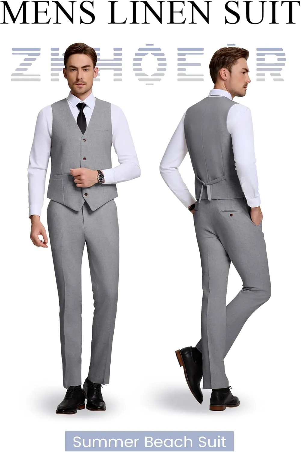 Men's Casual Linen Suit Set 2 Piece Slim Fit Wedding Suits Prom Groomsmen Suit Tuxedos Beach Suits Vest Pants