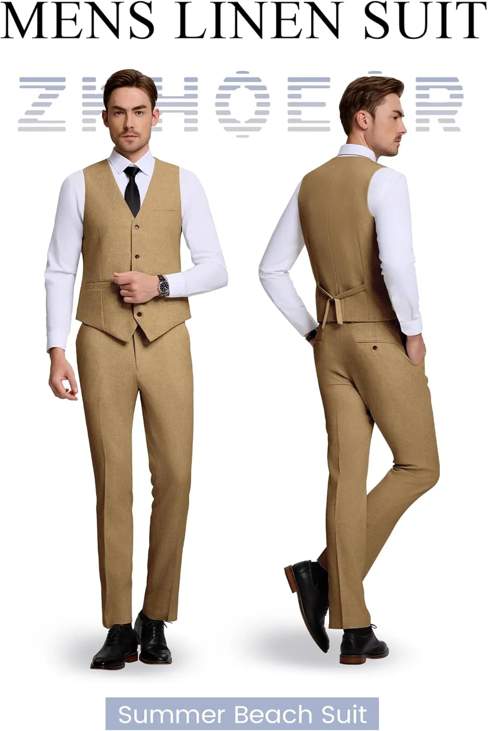 Men's Casual Linen Suit Set 2 Piece Slim Fit Wedding Suits Prom Groomsmen Suit Tuxedos Beach Suits Vest Pants