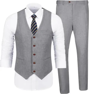 Men's Casual Linen Suit Set 2 Piece Slim Fit Wedding Suits Prom Groomsmen Suit Tuxedos Beach Suits Vest Pants