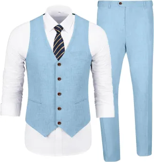 Men's Casual Linen Suit Set 2 Piece Slim Fit Wedding Suits Prom Groomsmen Suit Tuxedos Beach Suits Vest Pants