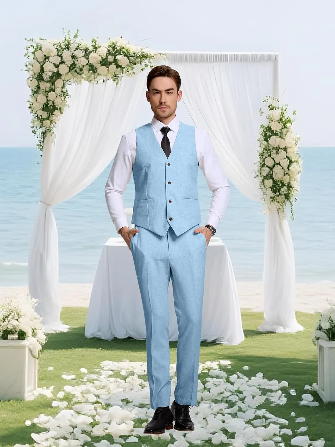Men's Casual Linen Suit Set 2 Piece Slim Fit Wedding Suits Prom Groomsmen Suit Tuxedos Beach Suits Vest Pants