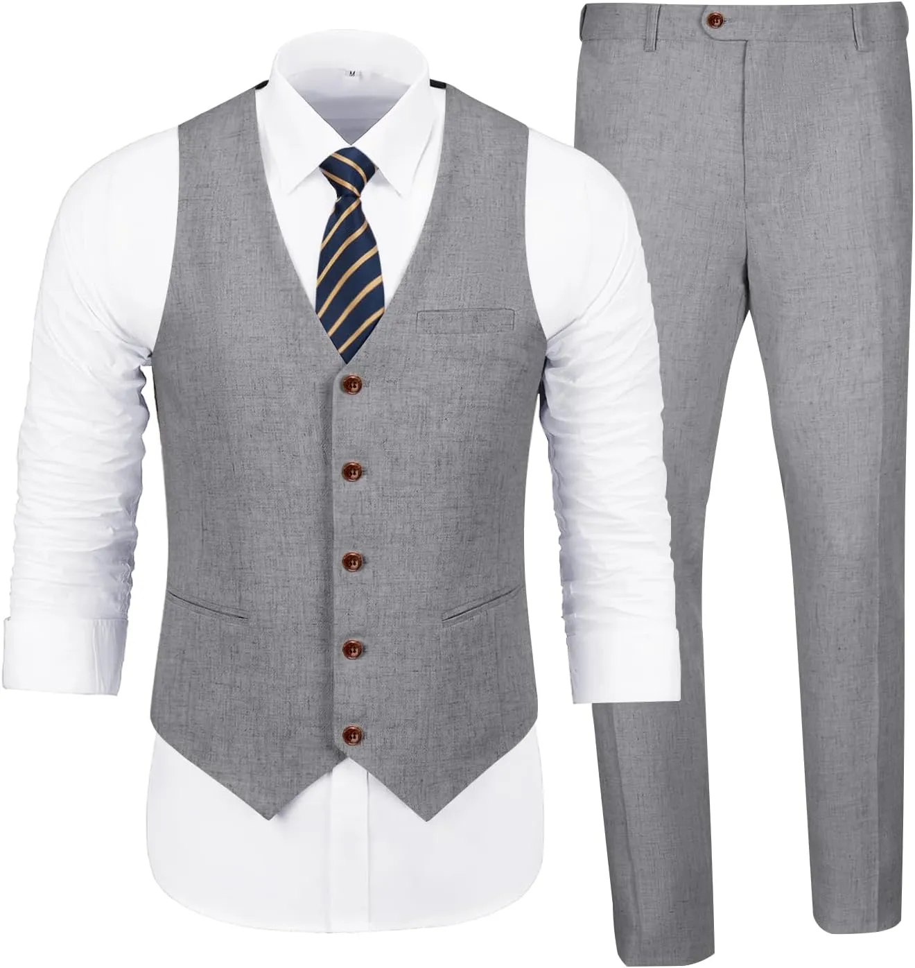 Men's Casual Linen Suit Set 2 Piece Slim Fit Wedding Suits Prom Groomsmen Suit Tuxedos Beach Suits Vest Pants