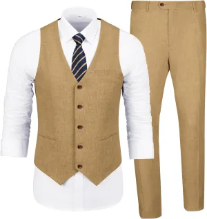 Men's Casual Linen Suit Set 2 Piece Slim Fit Wedding Suits Prom Groomsmen Suit Tuxedos Beach Suits Vest Pants