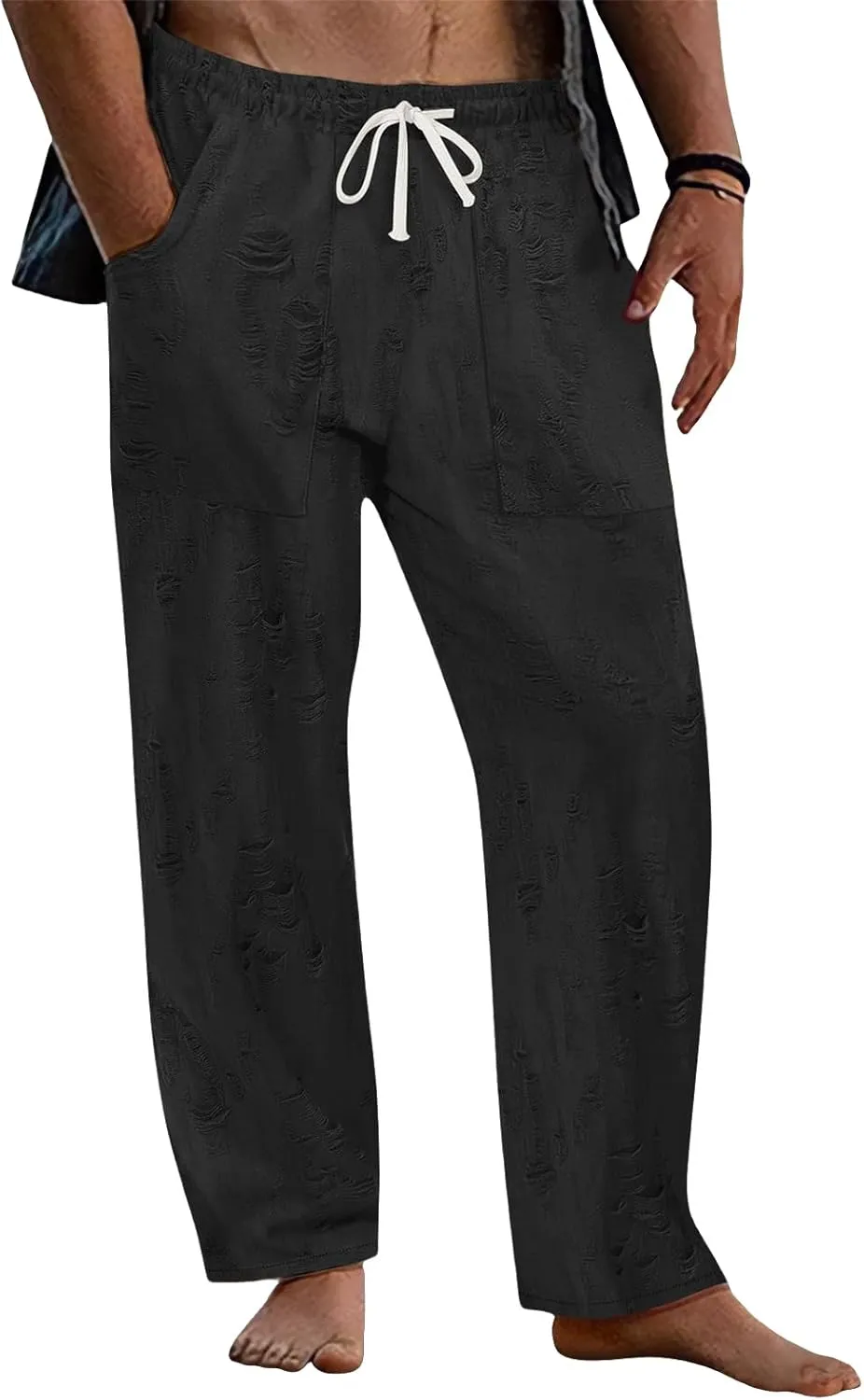 Men's Frayed Raw Pants Lightweight Ripped Elastic Waist Drawstring Pant Loose Outdoor Casual Beach Yoga Trousers