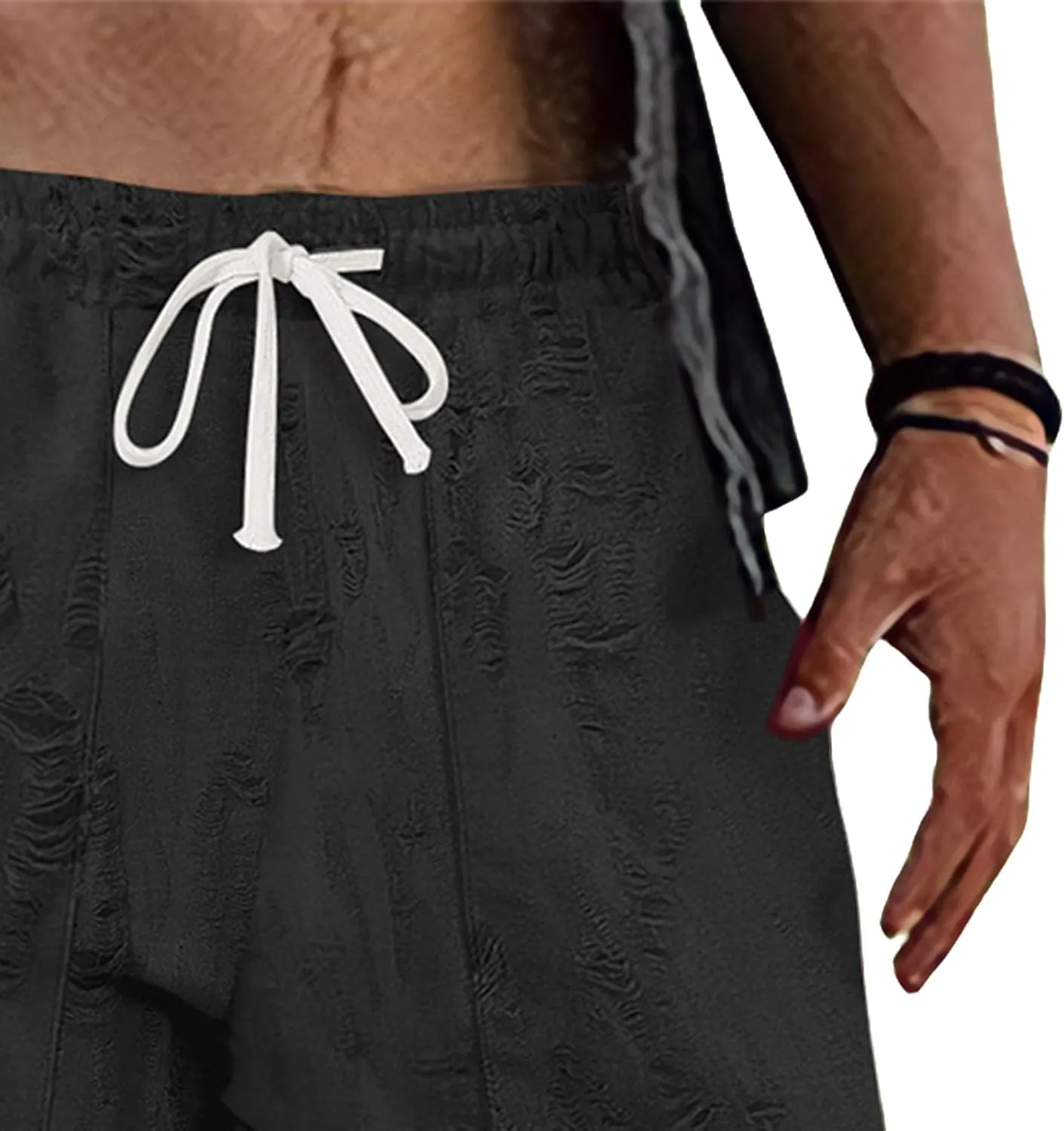 Men's Frayed Raw Pants Lightweight Ripped Elastic Waist Drawstring Pant Loose Outdoor Casual Beach Yoga Trousers