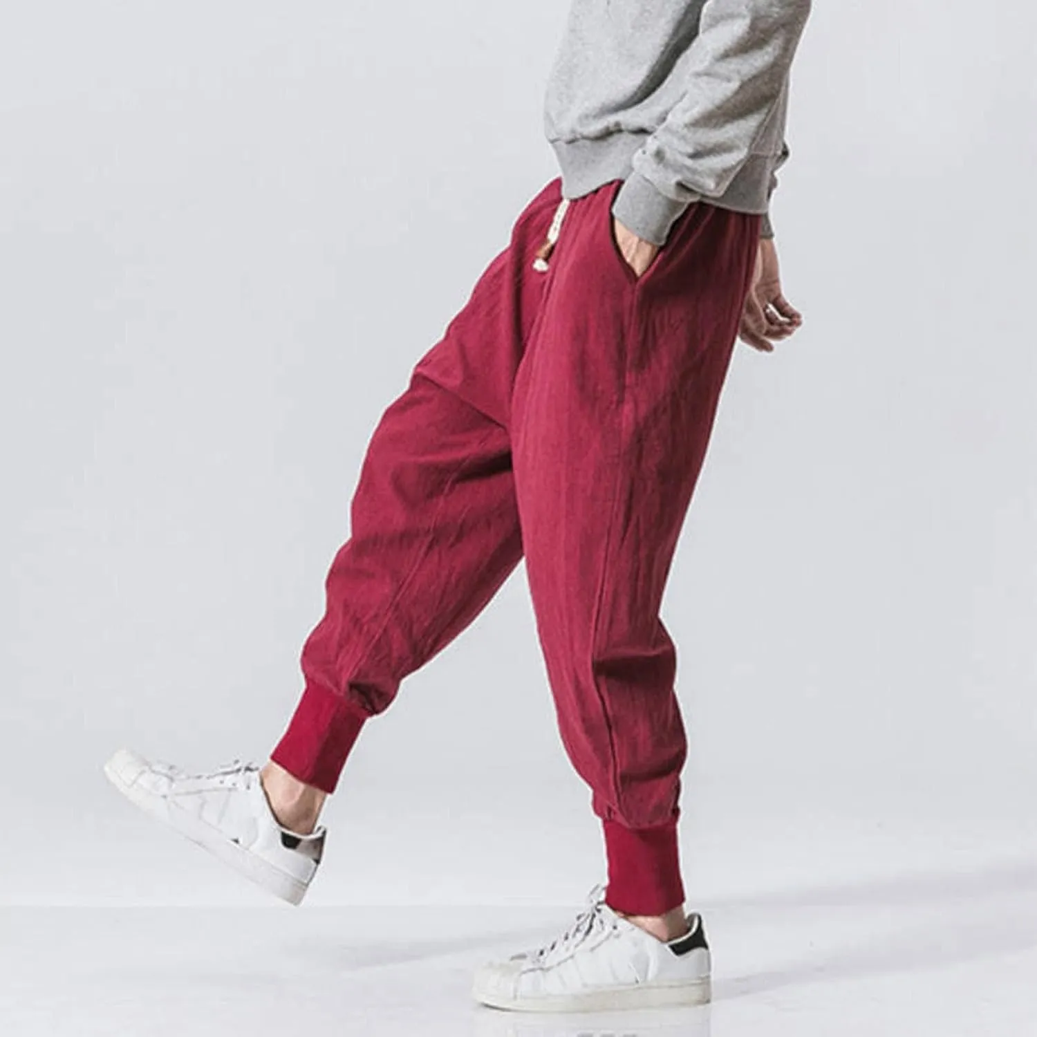 Mens Linen Pants Loose Casual Drawstring Summer Lounge Pants Baggy Solid Color Workout Joggers with Pokctes