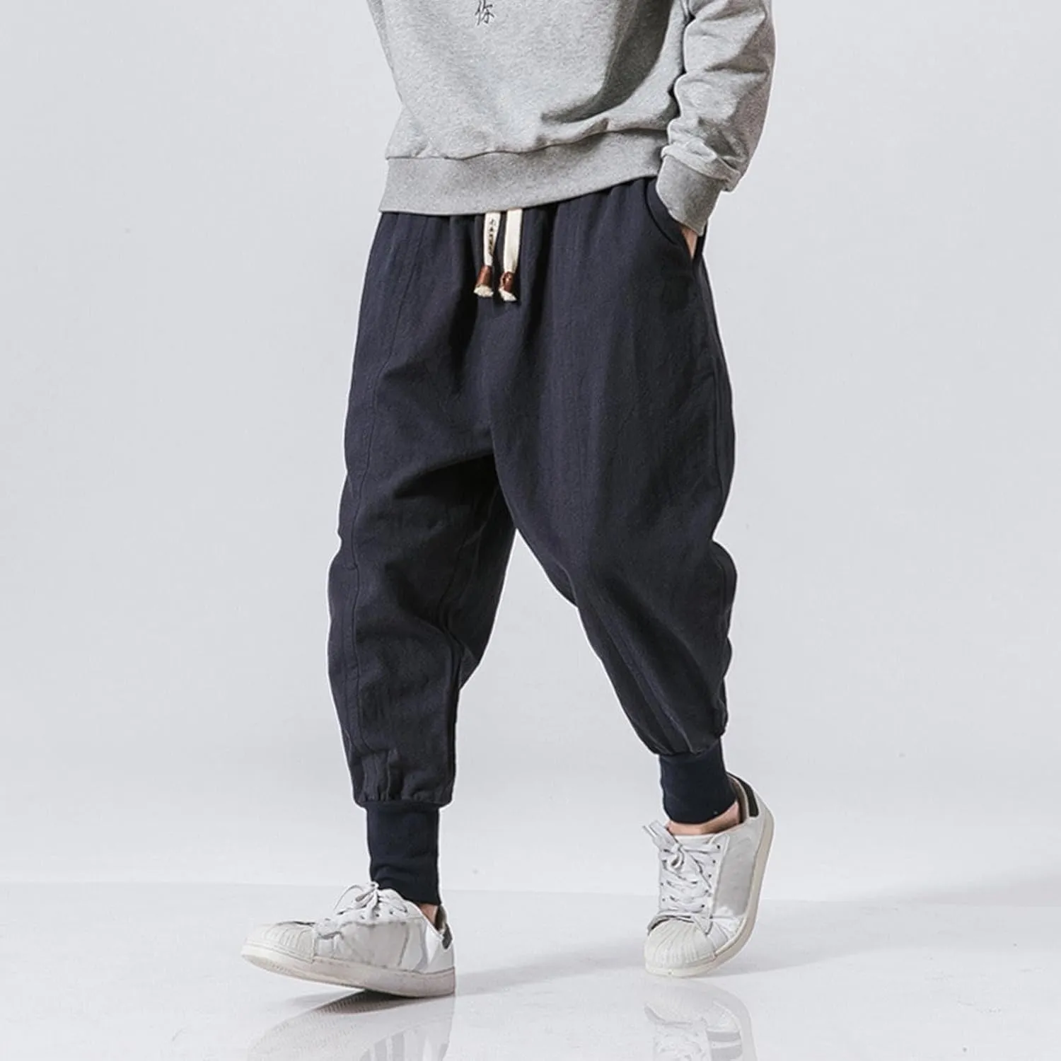 Mens Linen Pants Loose Casual Drawstring Summer Lounge Pants Baggy Solid Color Workout Joggers with Pokctes