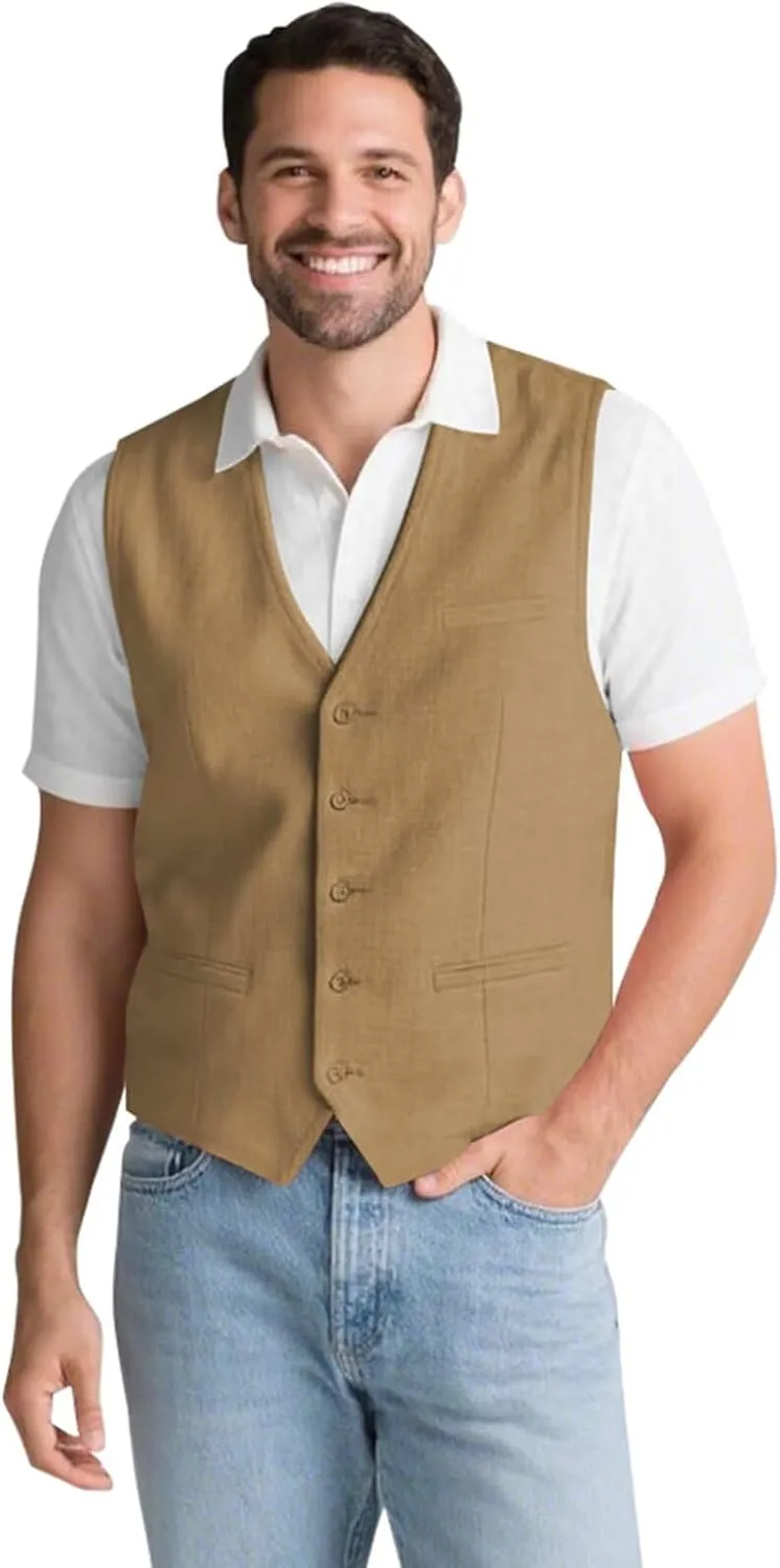 Mens Linen Suit Vest Summer Beach Wedding Waistcoat Lightweight Casual Dress Vest for Men