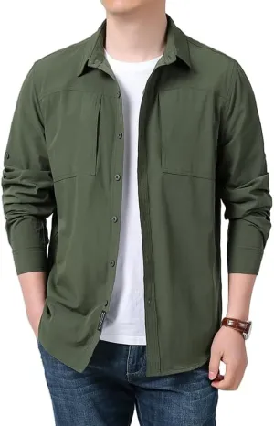 Men's Quick-Dry Work Shirt, Outdoor Long Sleeve Button Down, Spring Summer Fall
