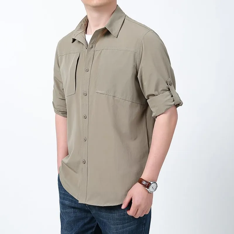 Men's Quick-Dry Work Shirt, Outdoor Long Sleeve Button Down, Spring Summer Fall