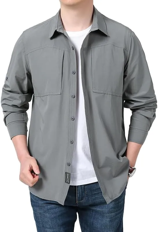 Men's Quick-Dry Work Shirt, Outdoor Long Sleeve Button Down, Spring Summer Fall