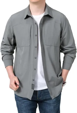 Men's Quick-Dry Work Shirt, Outdoor Long Sleeve Button Down, Spring Summer Fall