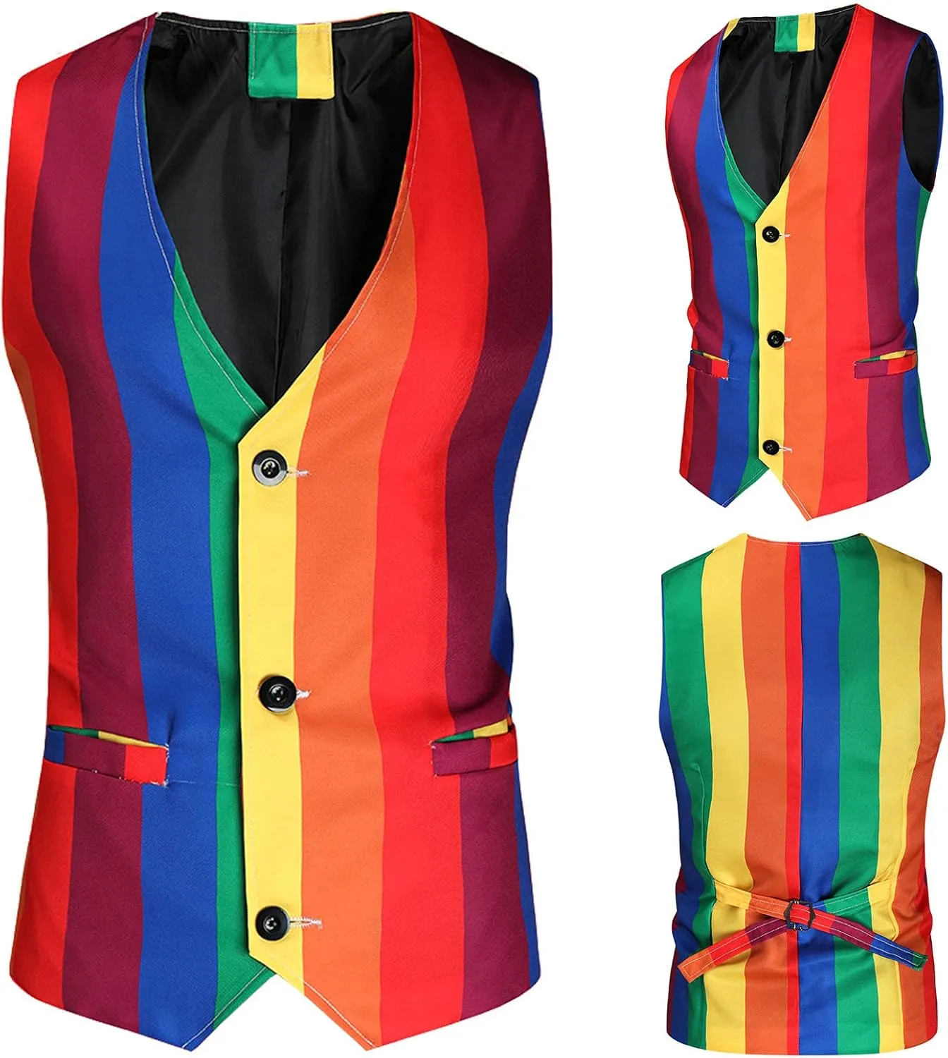 Mens Rainbow Suit Vest Single Breasted V Neck Colorful Stripe Waistcoat Slim Fit Dress Vest for Wedding Party