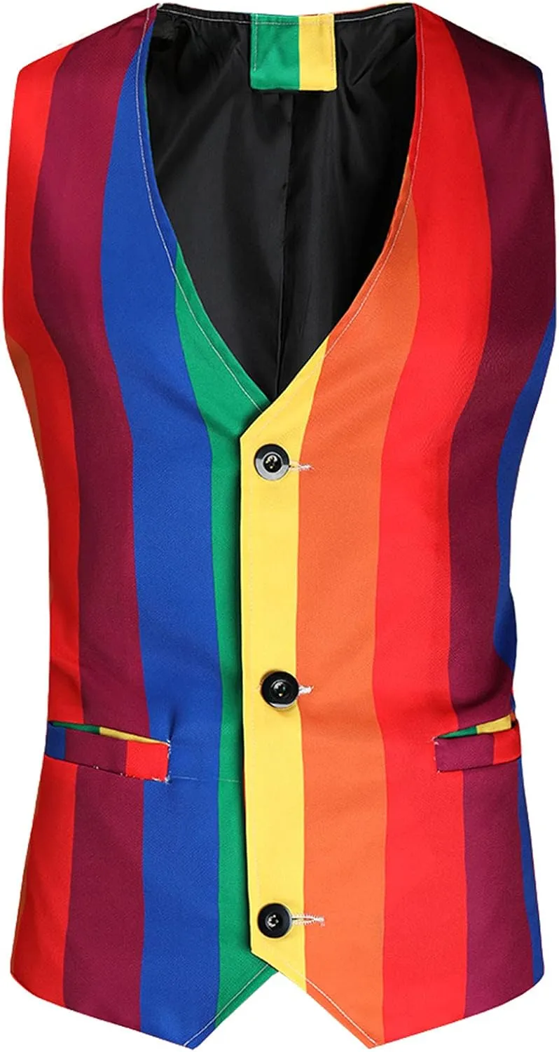 Mens Rainbow Suit Vest Single Breasted V Neck Colorful Stripe Waistcoat Slim Fit Dress Vest for Wedding Party