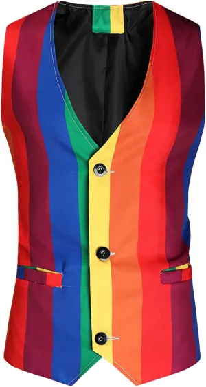 Mens Rainbow Suit Vest Single Breasted V Neck Colorful Stripe Waistcoat Slim Fit Dress Vest for Wedding Party