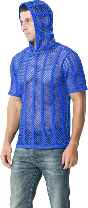Mens Stripe Hoodies See Through Mesh Short Sleeve T-Shirt Sexy Sheer Muscle Undershirt Top M L XLXL