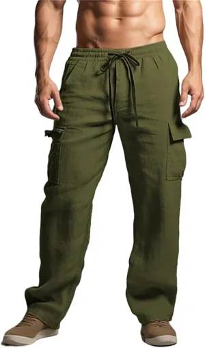 Men's Summer Cotton Linen Long Pants with Drawstring Multi-Pockets Straight Plain Comfortable Breathable Pants