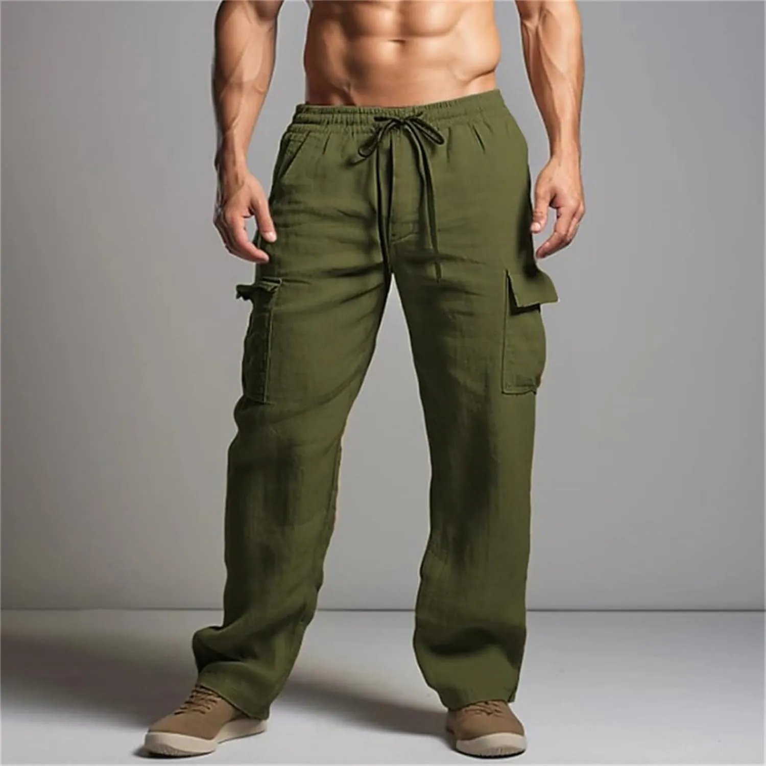 Men's Summer Cotton Linen Long Pants with Drawstring Multi-Pockets Straight Plain Comfortable Breathable Pants