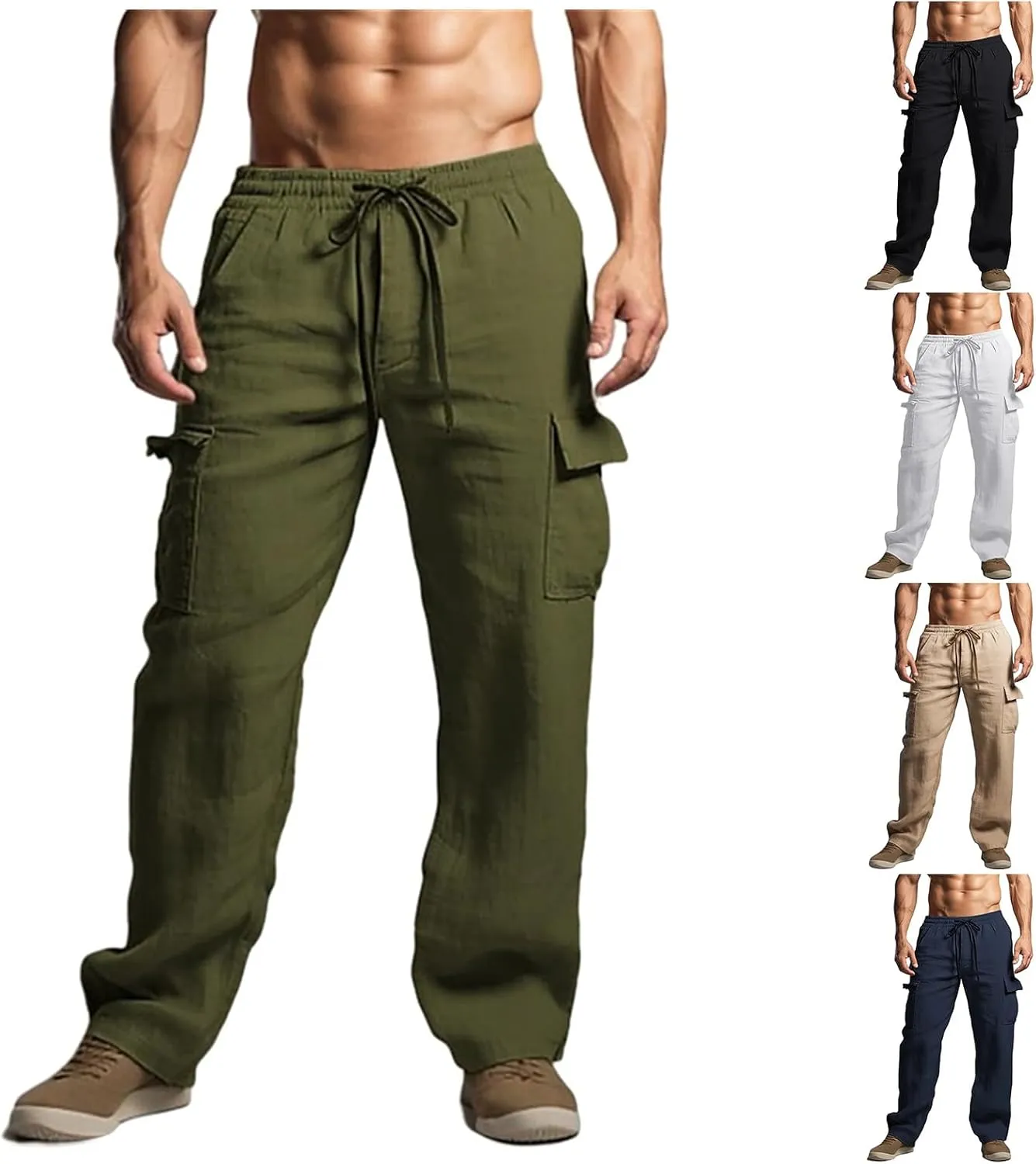 Men's Summer Cotton Linen Long Pants with Drawstring Multi-Pockets Straight Plain Comfortable Breathable Pants
