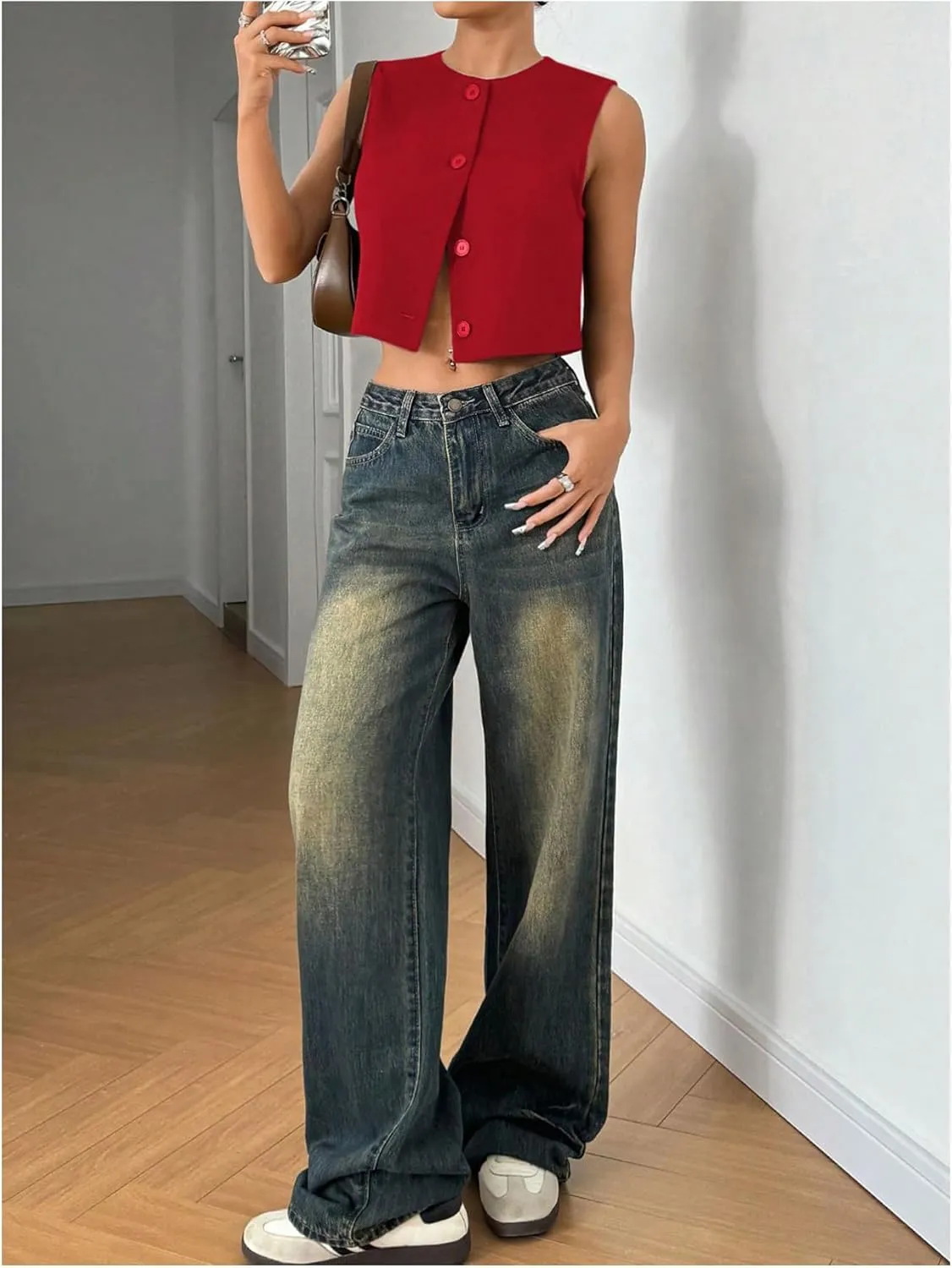 Milumia Women's Crew Neck Sleeveless Cropped Blazer Vest Button Down Suit Vest Top