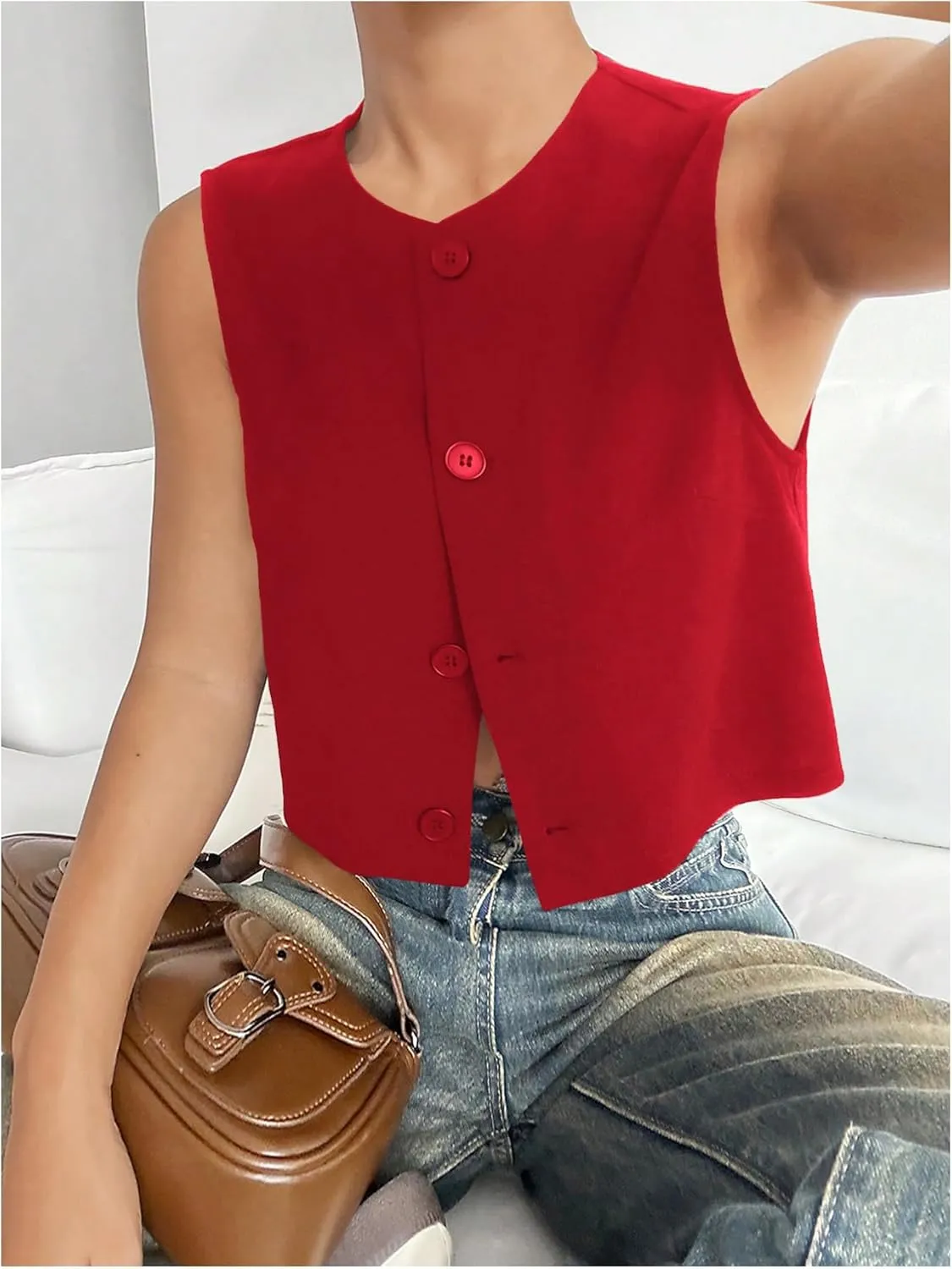 Milumia Women's Crew Neck Sleeveless Cropped Blazer Vest Button Down Suit Vest Top