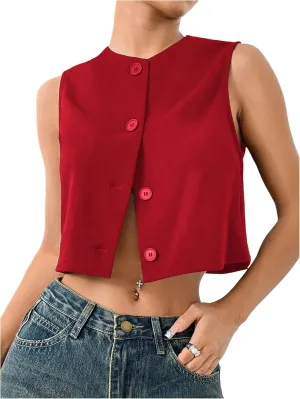 Milumia Women's Crew Neck Sleeveless Cropped Blazer Vest Button Down Suit Vest Top