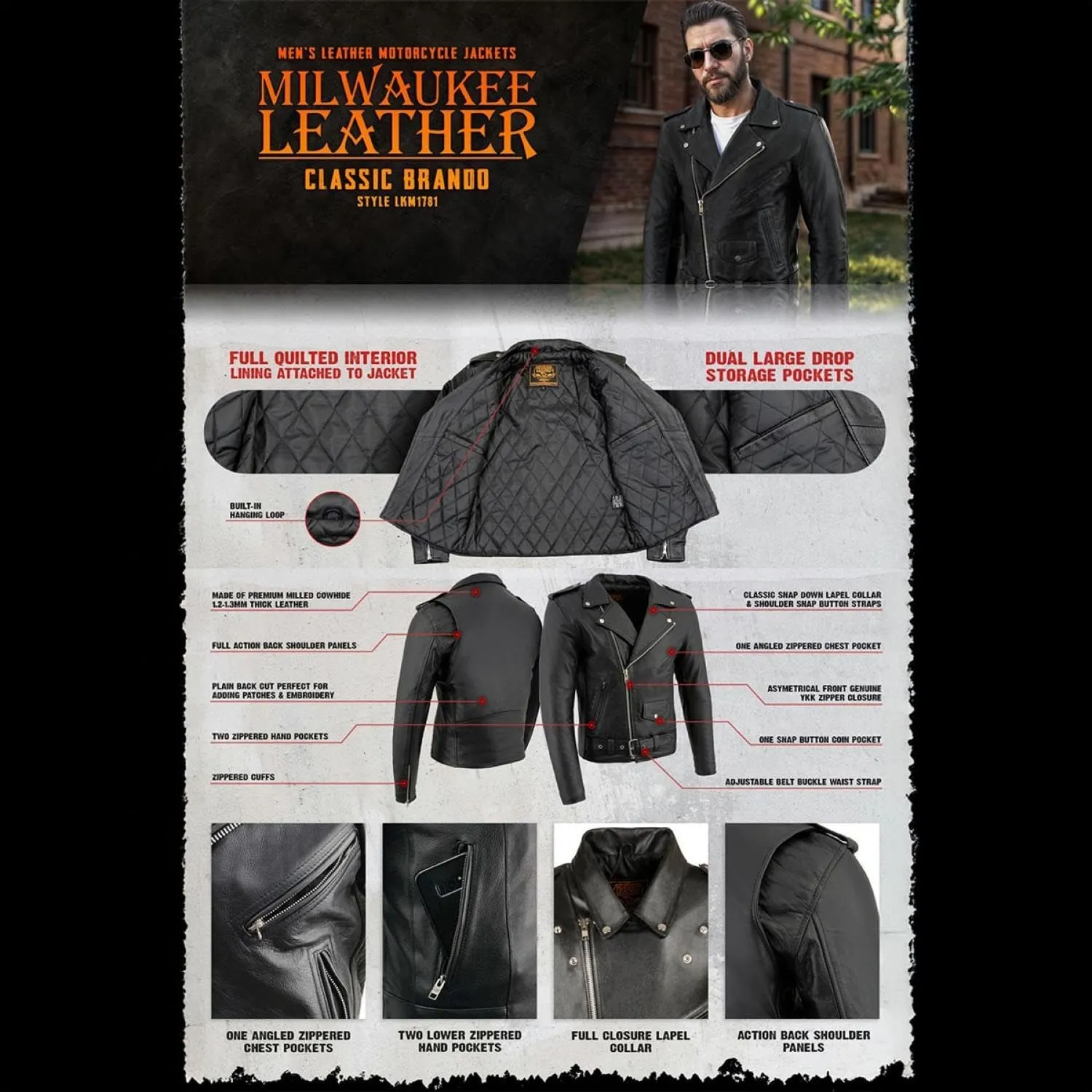Milwaukee Leather LKM1781 Men's The Legend Classic Black Premium Leather Motorcycle Jacket w/Quilted Liner