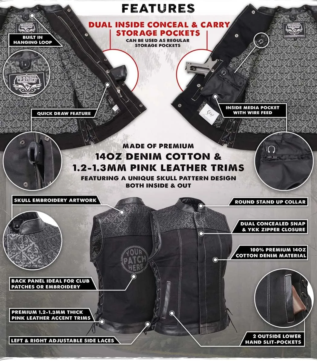 Milwaukee Leather MDL4052 Women's 'Skelly' Black Motorcycle Denim Vest w/Skull Embroidery - Small