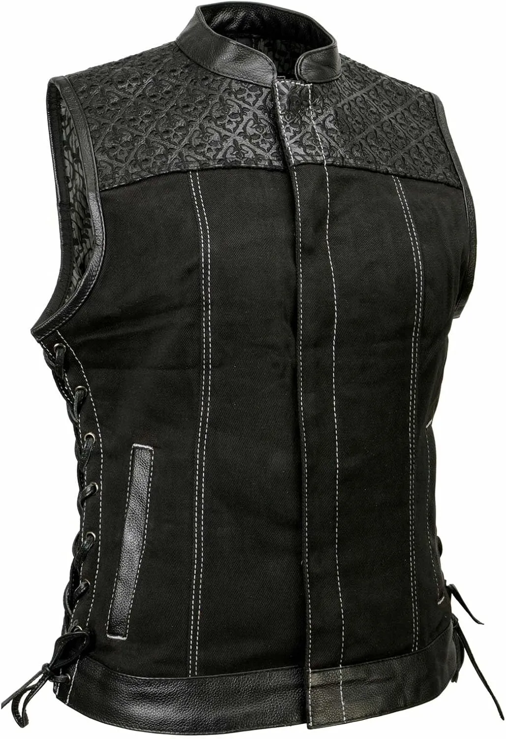 Milwaukee Leather MDL4052 Women's 'Skelly' Black Motorcycle Denim Vest w/Skull Embroidery - Small