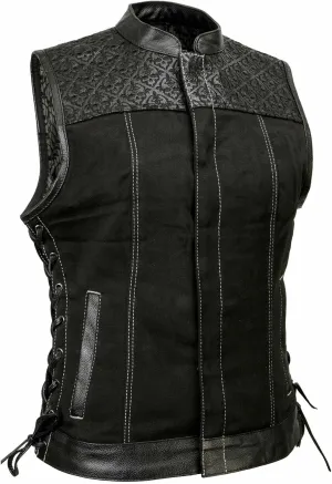 Milwaukee Leather MDL4052 Women's 'Skelly' Black Motorcycle Denim Vest w/Skull Embroidery - Small