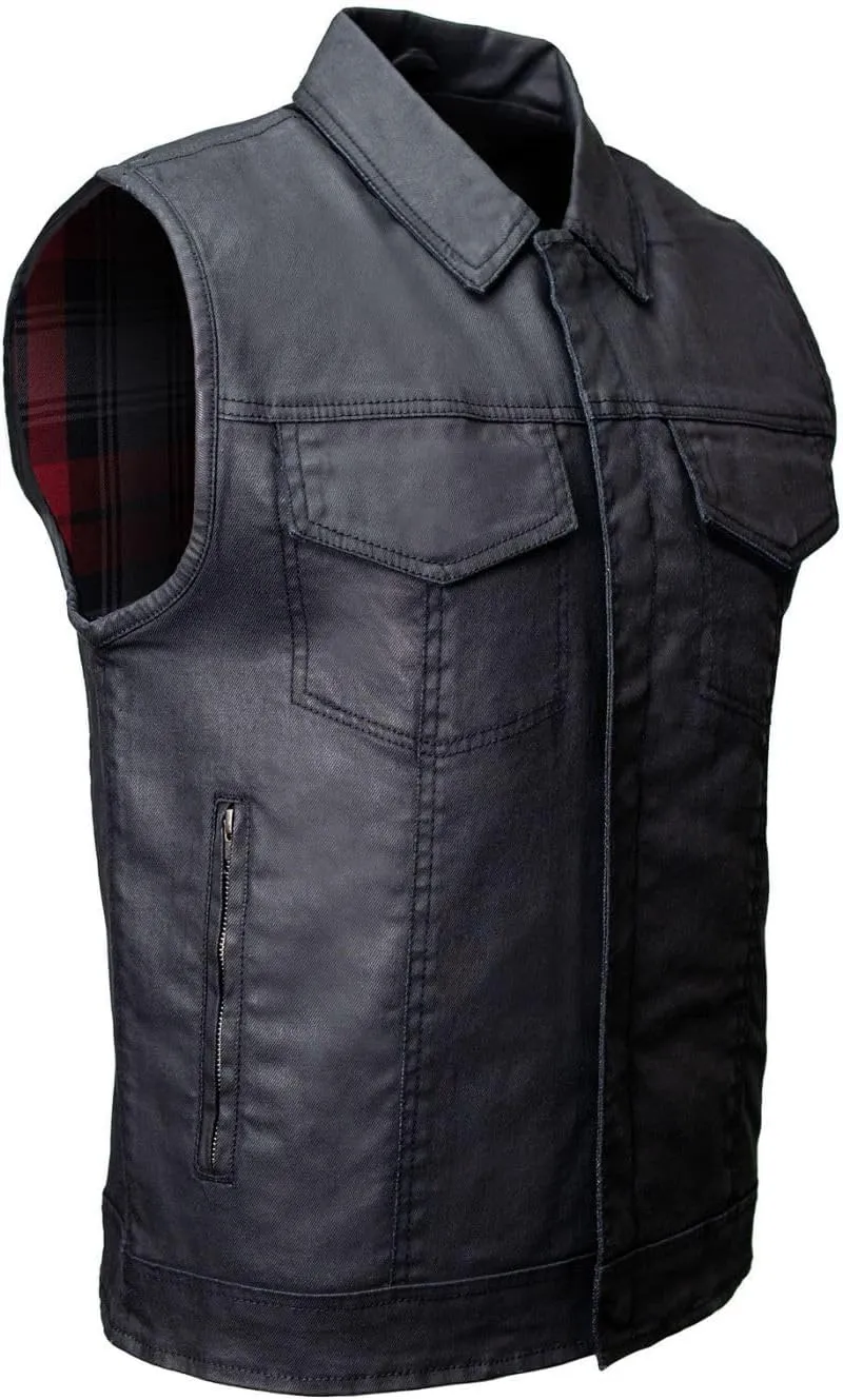 Milwaukee Leather MDM3030 Mens Black Waxy Coated Denim Club Style Motorcycle Rider Vest w/Shirt Collar - Large