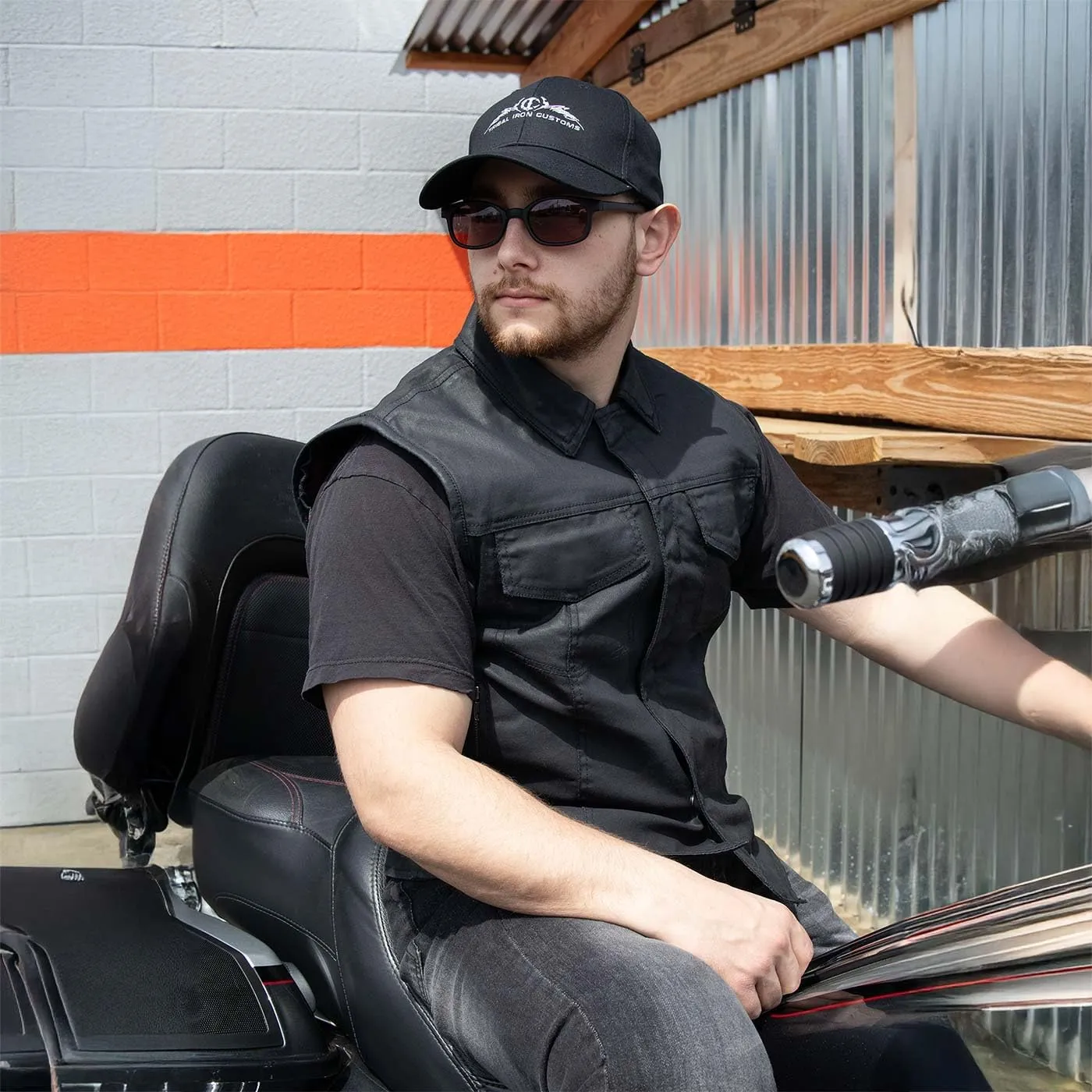 Milwaukee Leather MDM3030 Mens Black Waxy Coated Denim Club Style Motorcycle Rider Vest w/Shirt Collar - Large
