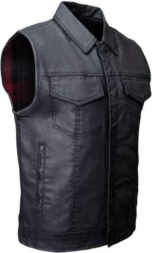 Milwaukee Leather MDM3030 Mens Black Waxy Coated Denim Club Style Motorcycle Rider Vest w/Shirt Collar - Large