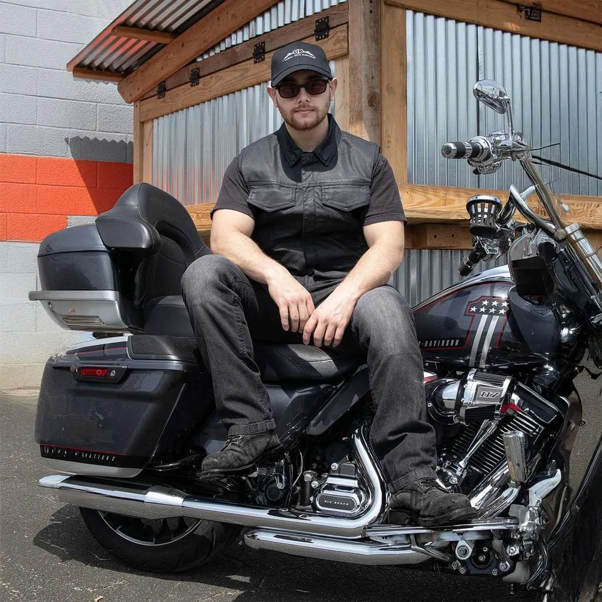 Milwaukee Leather MDM3030 Mens Black Waxy Coated Denim Club Style Motorcycle Rider Vest w/Shirt Collar - Large