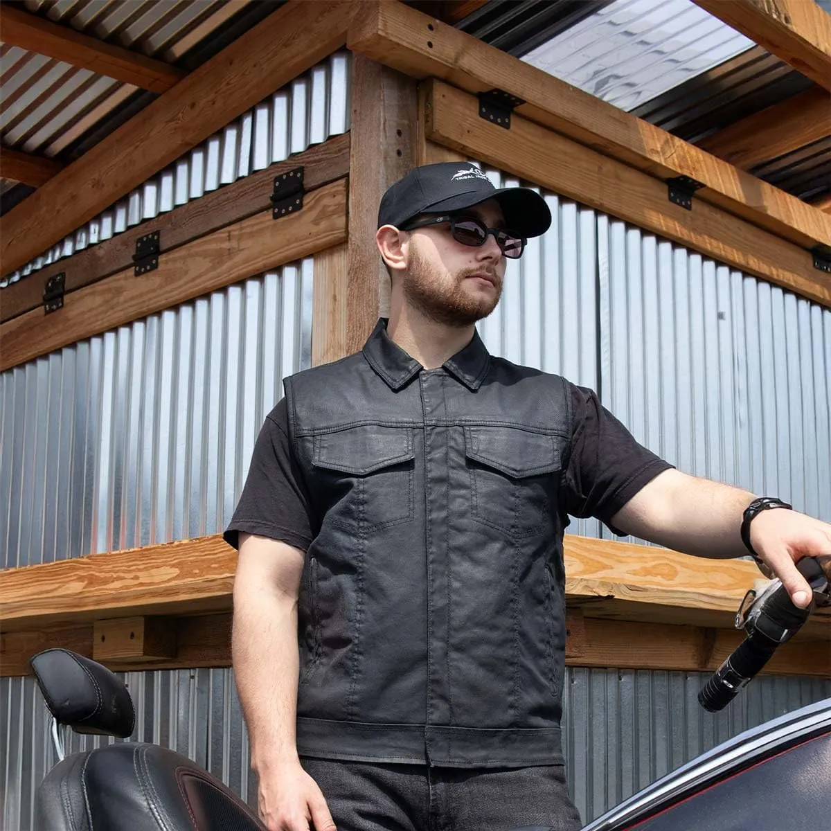 Milwaukee Leather MDM3030 Mens Black Waxy Coated Denim Club Style Motorcycle Rider Vest w/Shirt Collar - Large