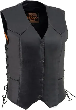 Milwaukee Leather SH1227L Women's Black Leather Side Laces Classic Western Motorcycle Rider Vest W/4-Snaps Closure